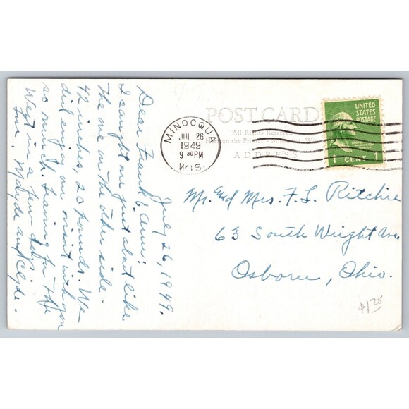 Postcard Wisconsin Minocqua Fish Rod Reel Tackle Box Posted 1949 Muskie WI - Picture 2 of 2